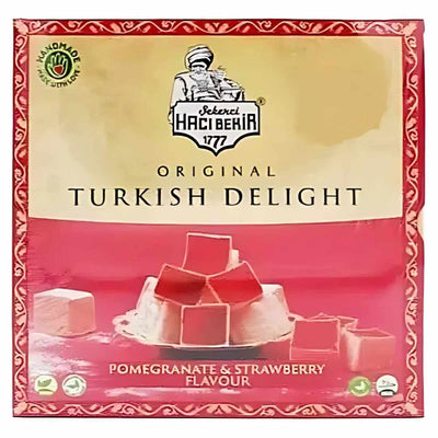 The Haci Bekir - Pomegranate & Strawberry Turkish Delight - 320g package highlights a traditional Turkish recipe featuring charming red and pink cubes that ensure an authentic taste of original Turkish delight.