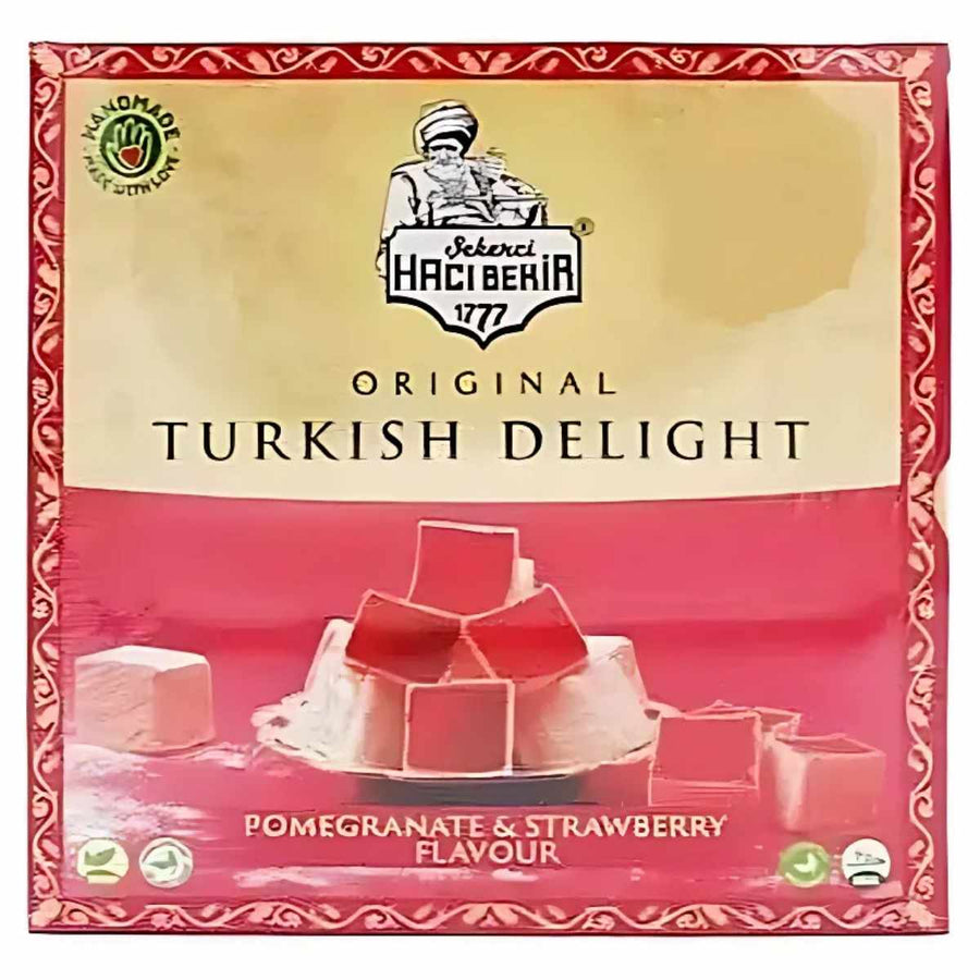 The Haci Bekir - Pomegranate & Strawberry Turkish Delight - 320g package highlights a traditional Turkish recipe featuring charming red and pink cubes that ensure an authentic taste of original Turkish delight.