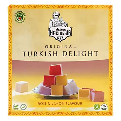 Haci Bekir - Rose & Lemon Turkish Delight (320g) box, featuring an image of these traditional treats elegantly stacked on a plate.