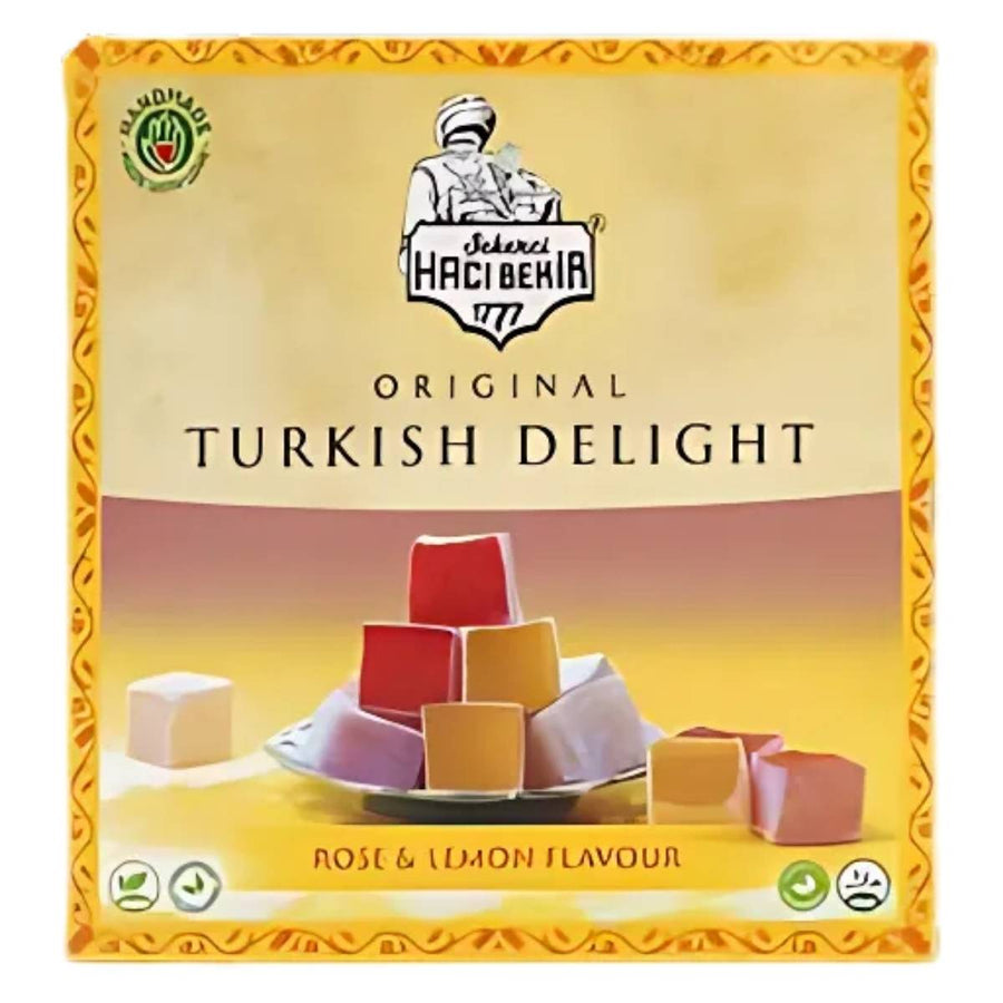 Haci Bekir - Rose & Lemon Turkish Delight (320g) box, featuring an image of these traditional treats elegantly stacked on a plate.