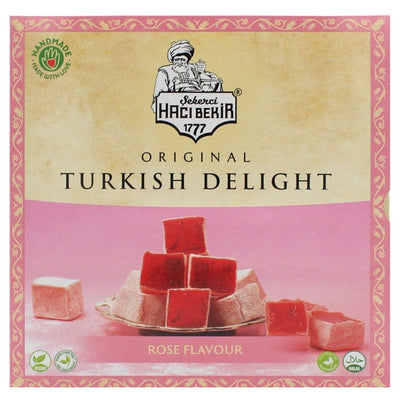 The Haci Bekir - Rose Turkish Delight - 320g box features a refined presentation with an image that elegantly displays the sweets stacked on a plate.