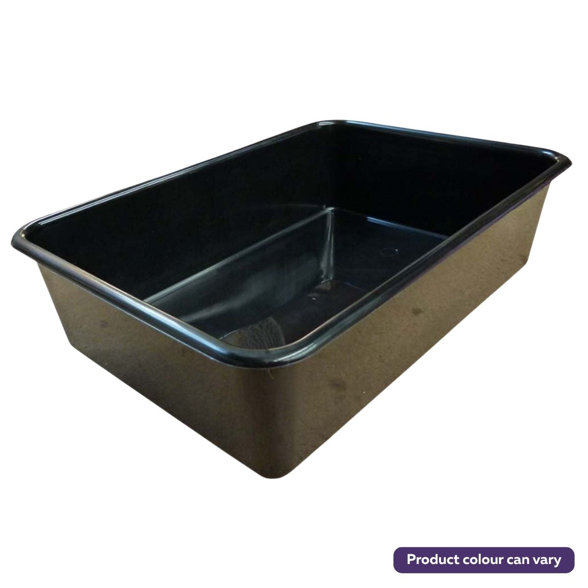 The Hak Plastik Cat Litter Tray (No: 2) is a rectangular black plastic tray with smooth sides and rounded corners, ideal for use as a cat litter tray. Note: Product colour may vary.