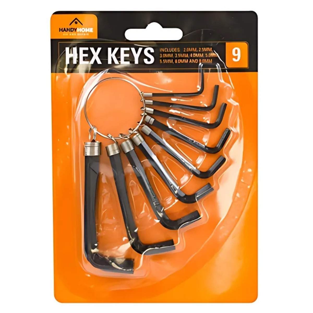 The Handy Home - Hex Keys - 9 Pack includes nine black multi-functional keys on an orange card, ideal for tightening and loosening. They are attached to a metal ring for convenient storage.