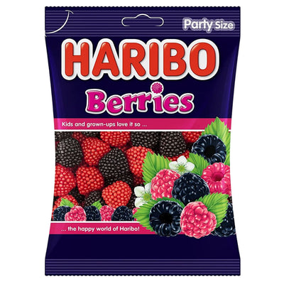 Haribo - Berries Sweet - 80g package features red and black berry-shaped gummy candies prominently displayed on the front.