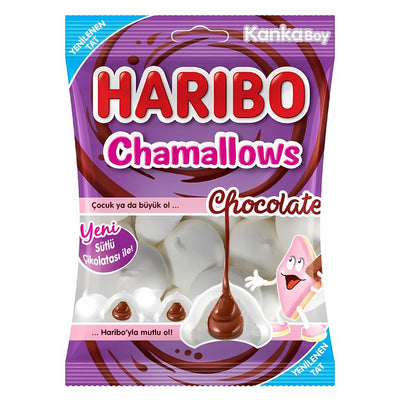 Haribo Chamallows Choco-Soft 62g is a tasty snack featuring marshmallows filled with chocolate, with playful cartoon designs on its Turkish packaging.
