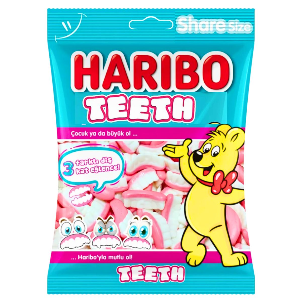 A package of Haribo - Crazy Teeth Sweet - 80g showcasing a bear mascot and illustrations of pink and white tooth-shaped gummies. The text highlights "Share Size" along with various promotional details, offering a nostalgic treat with fruity gummies sure to delight every candy lover.