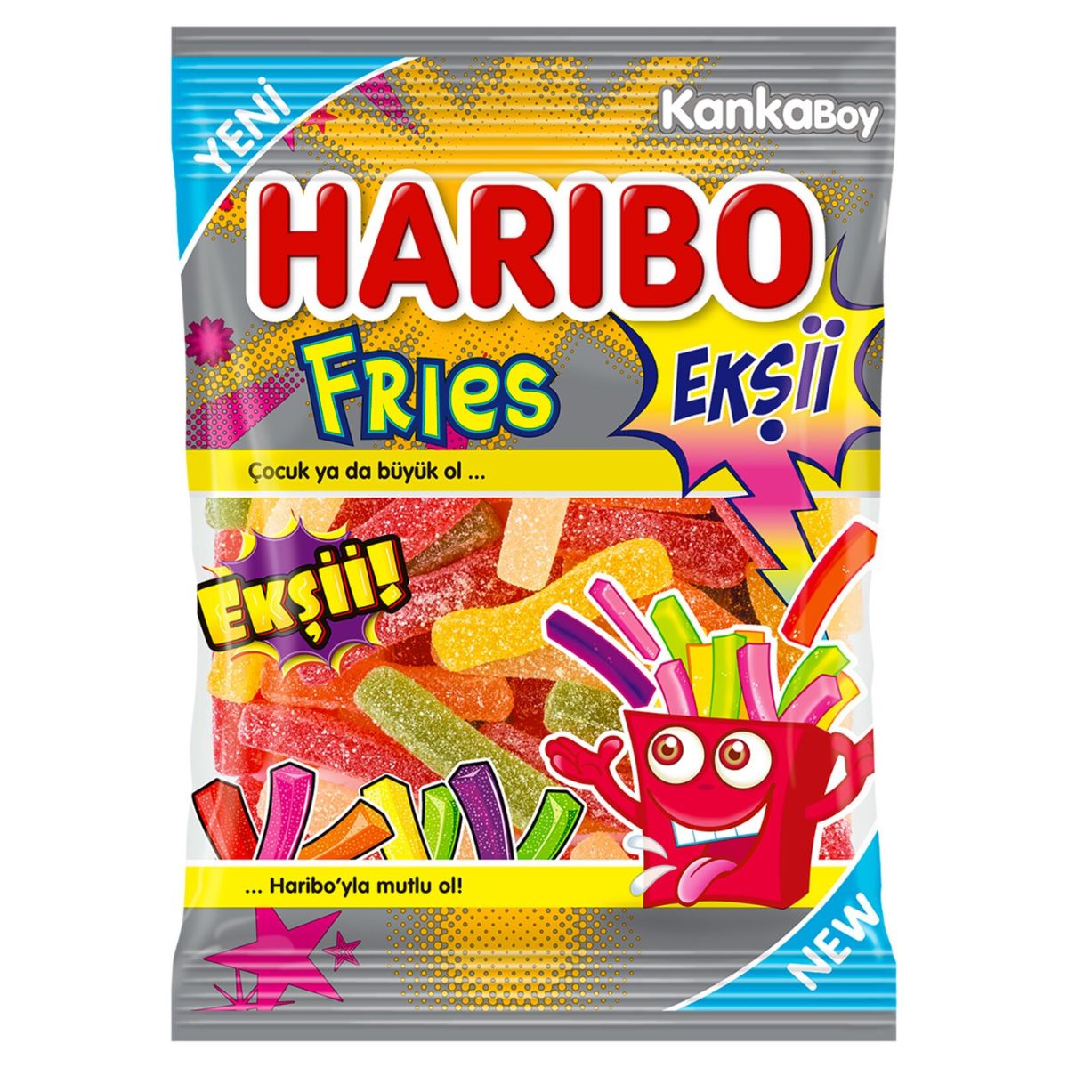 Vibrant Haribo - Ekşii Fries Sweet candies in a lively package featuring cartoon graphics and Turkish text.