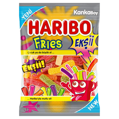 The Haribo - Sour Fries Sweet - 70g package showcases a cartoon character with sour, sugar-coated gummy sticks, offering a vibrant mix of sweet and sour gummies.