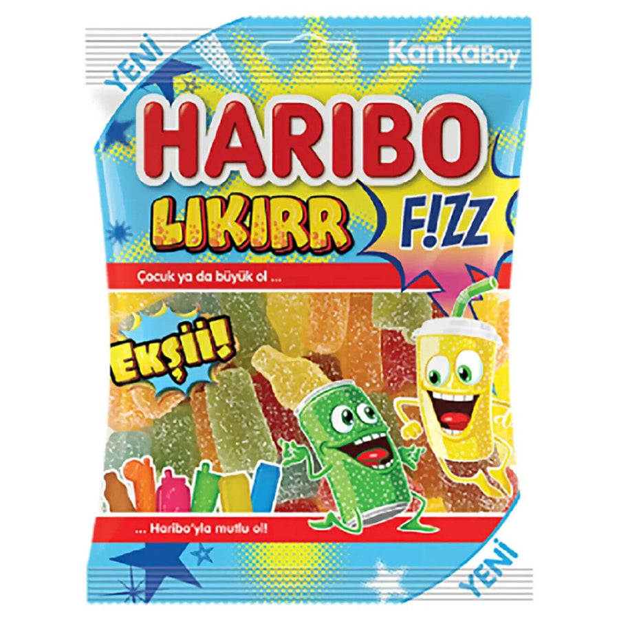 A vibrant pack of Haribo - Sour Beverages Flavour Sweets (Likirr) - 70g, featuring illustrated gummies and soda icons on the front, Turkish text, and assorted fruit-shaped sour beverage gummies visible inside.