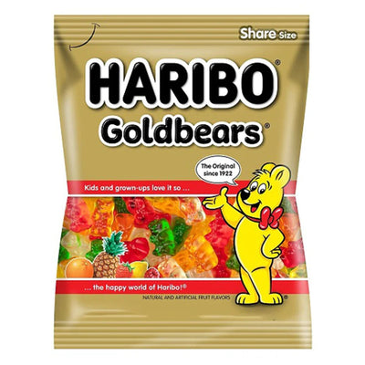 An 80g pack of Haribo Goldbears gummy candy by Haribo, with a yellow bear mascot and assorted colorful fruit-shaped gummies visible through a clear window.