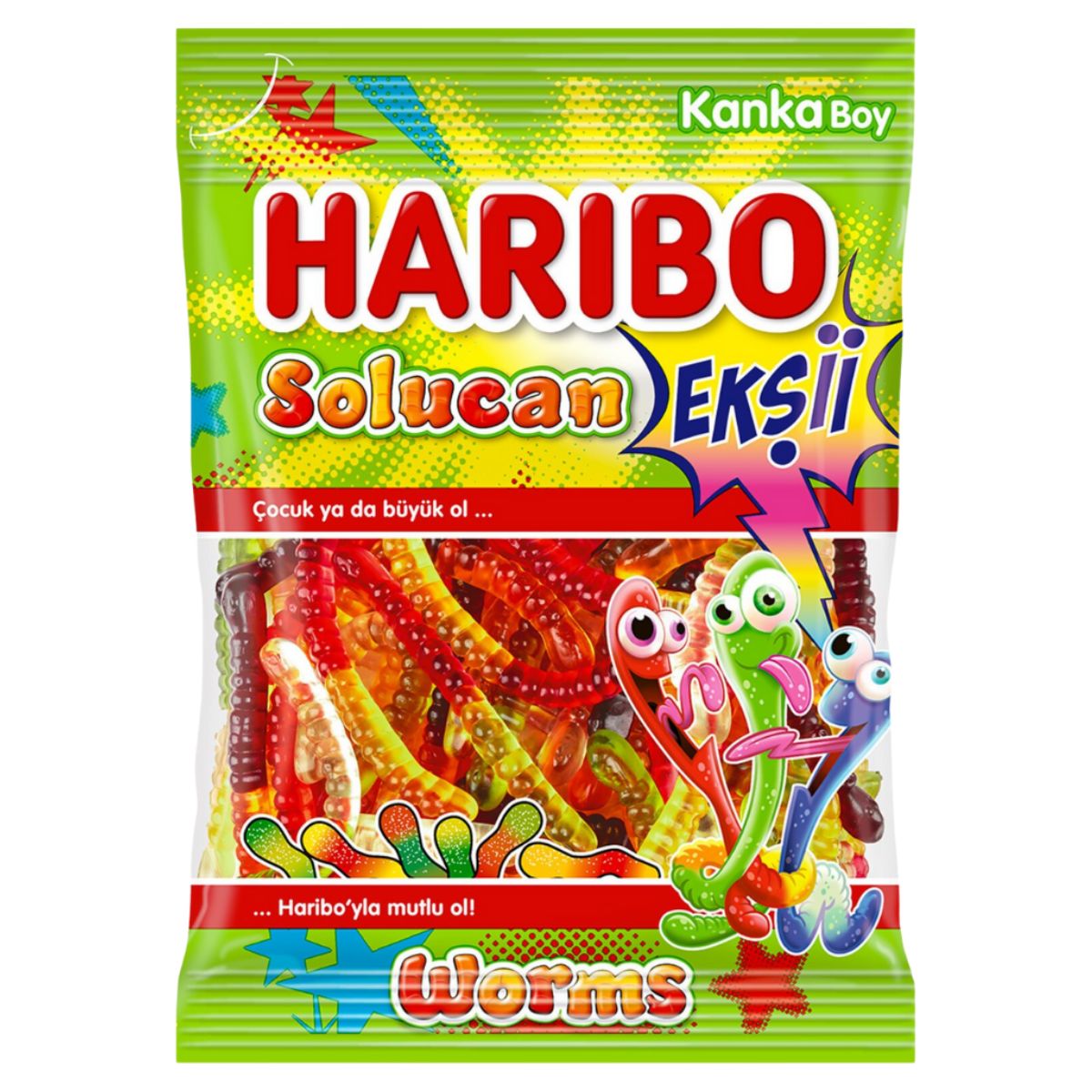 A vibrant package of Haribo's Solucan Eksii sour gummy worms, marked with "Solucan Eksii," showcasing animated worm characters on the 70g bag.