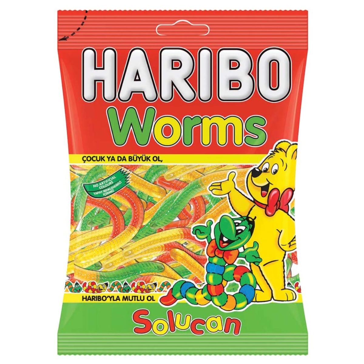 The Haribo - Worms - 80g pack features colorful worms on the packaging and cartoon characters, with Turkish text reading "solucan" and "çocuk ya da büyük ol.