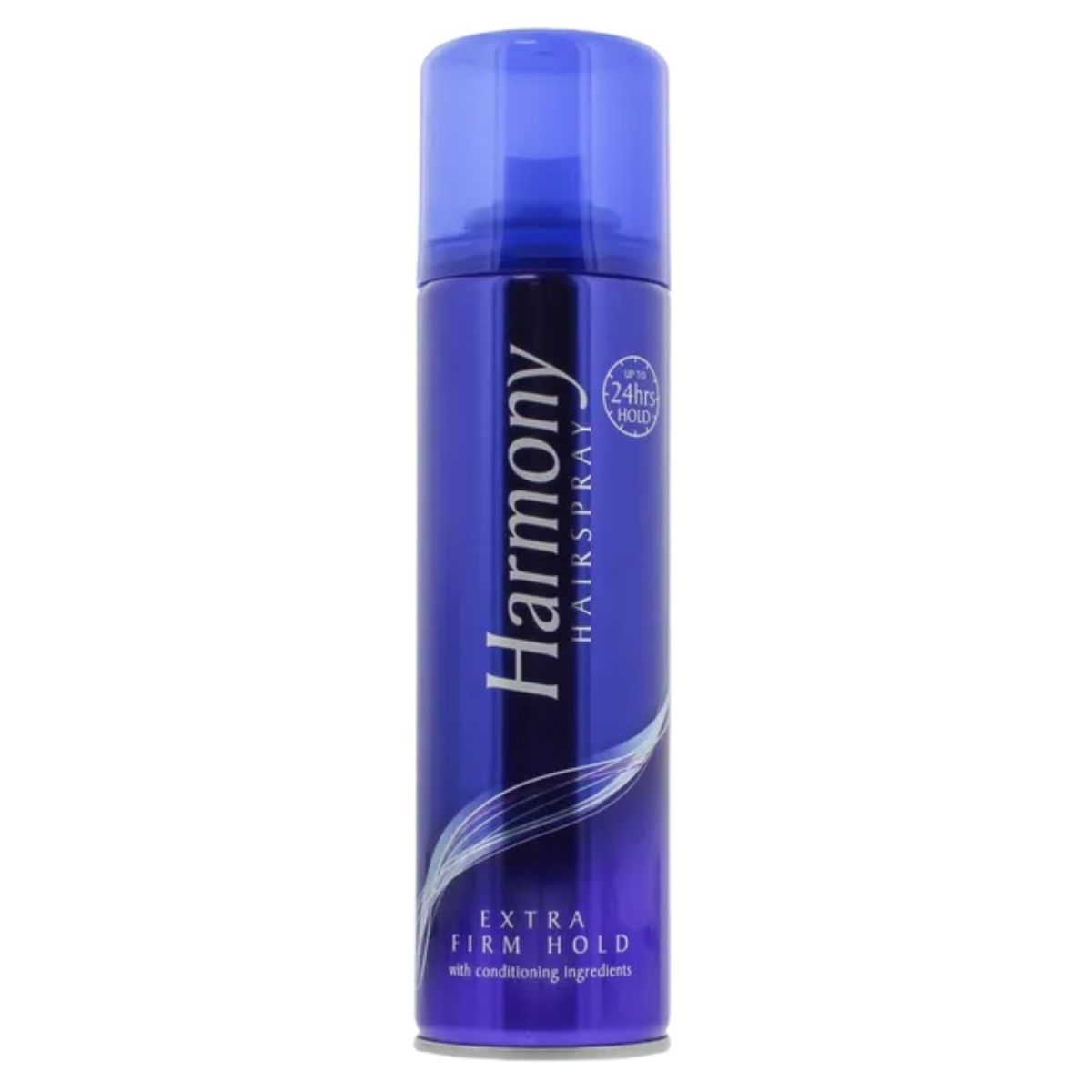 Blue can of Harmony 225ml hairspray on a white background