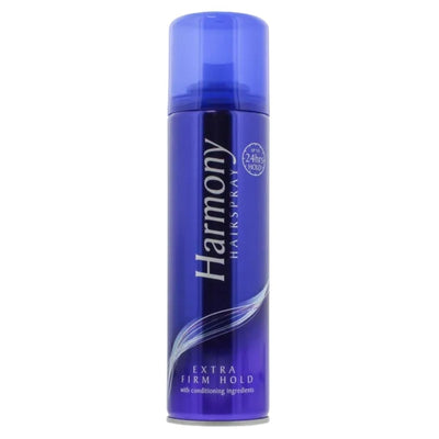 Blue can of Harmony 225ml hairspray on a white background