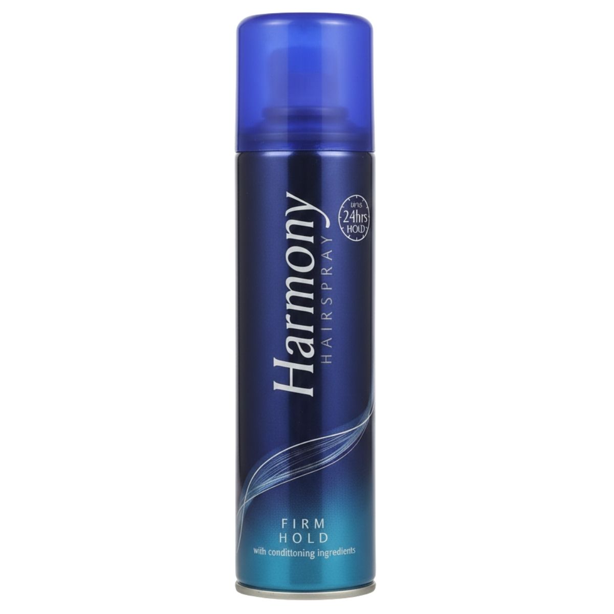 Blue can of Harmony 225ml firm hold  hairspray on a white background