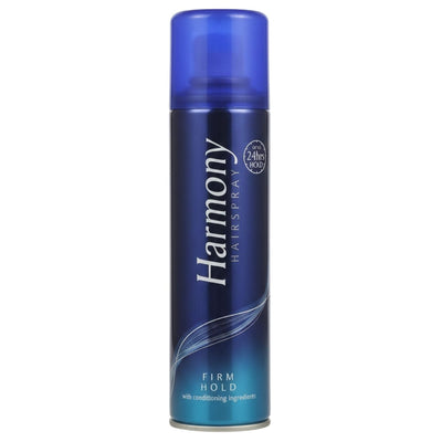 Blue can of Harmony 225ml firm hold  hairspray on a white background