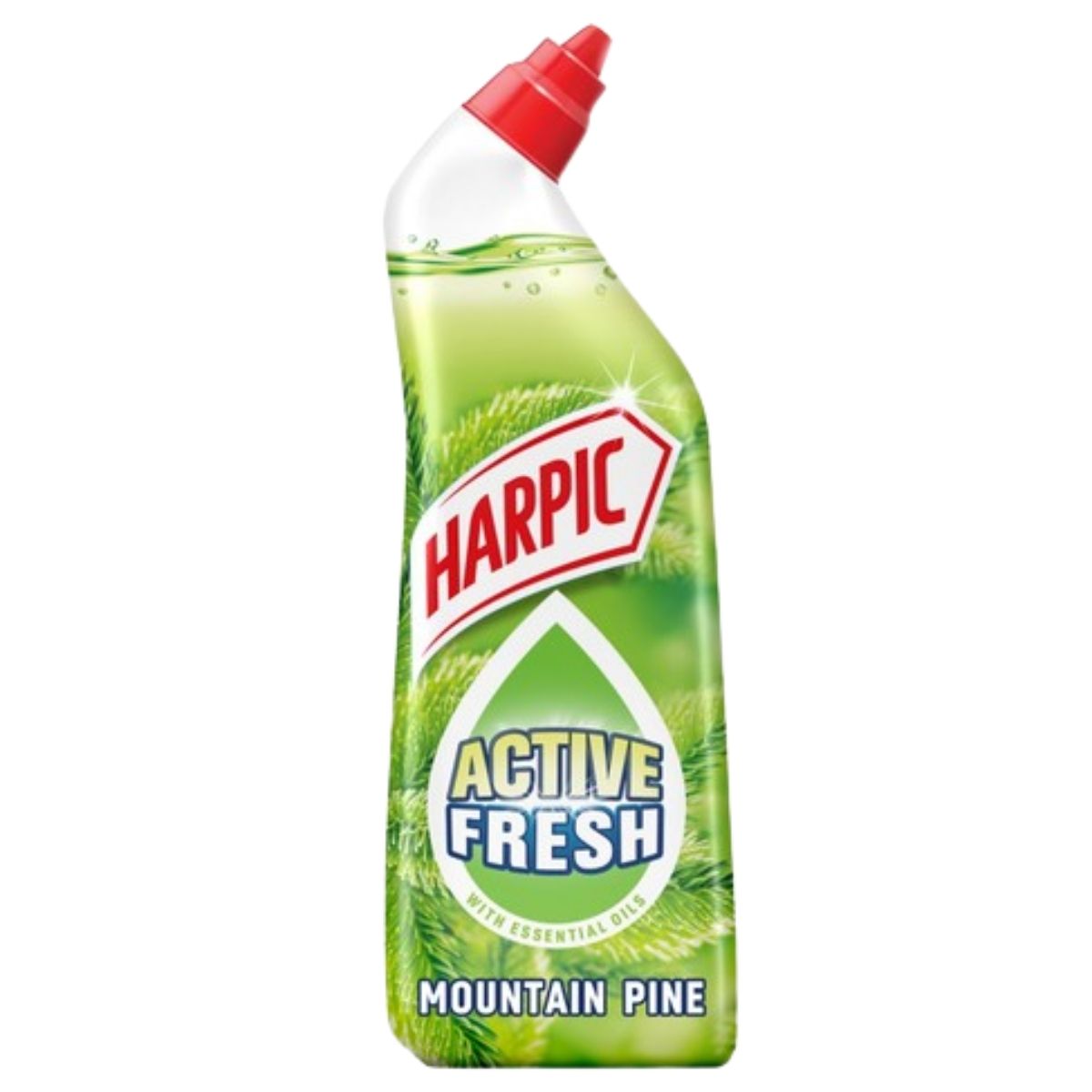 Harpic Active Fresh Mountain Pine Toilet Cleaning Gel (750ml) features a green label with pine imagery, a red angled cap, and a powerful formula that removes limescale for lasting freshness.