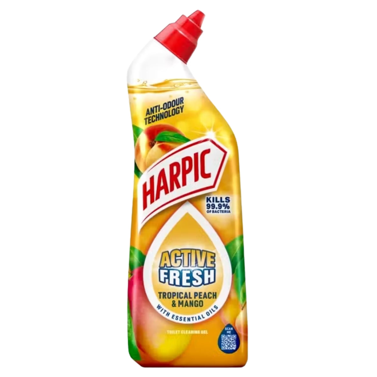 A 750ml bottle of Harpic - Active Fresh Tropical Peach & Mango Toilet Cleaning Gel with a red angled cap and limescale remover claims on the label.
