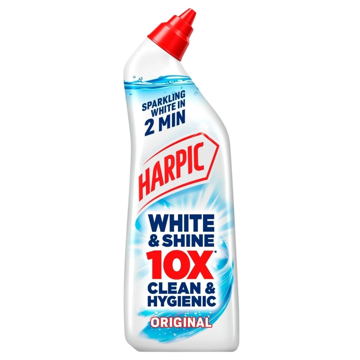 A 750 ml bottle of Harpic - Bleach White and Shine Original with a red angled nozzle.
