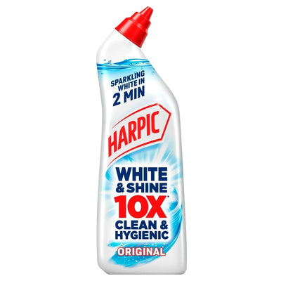 A 750 ml bottle of Harpic - Bleach White and Shine Original with a red angled nozzle.