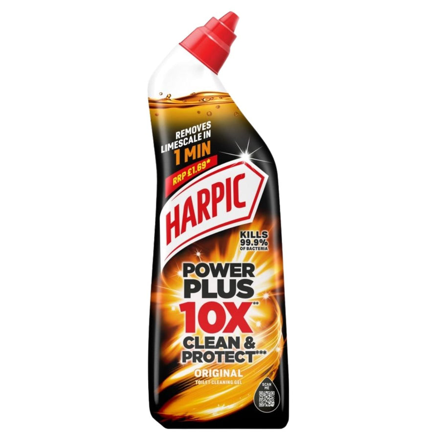 Harpic Power Plus Original Toilet Cleaning Gel (750ml) removes limescale in 1 minute and kills 99.9% of bacteria for a thorough clean.