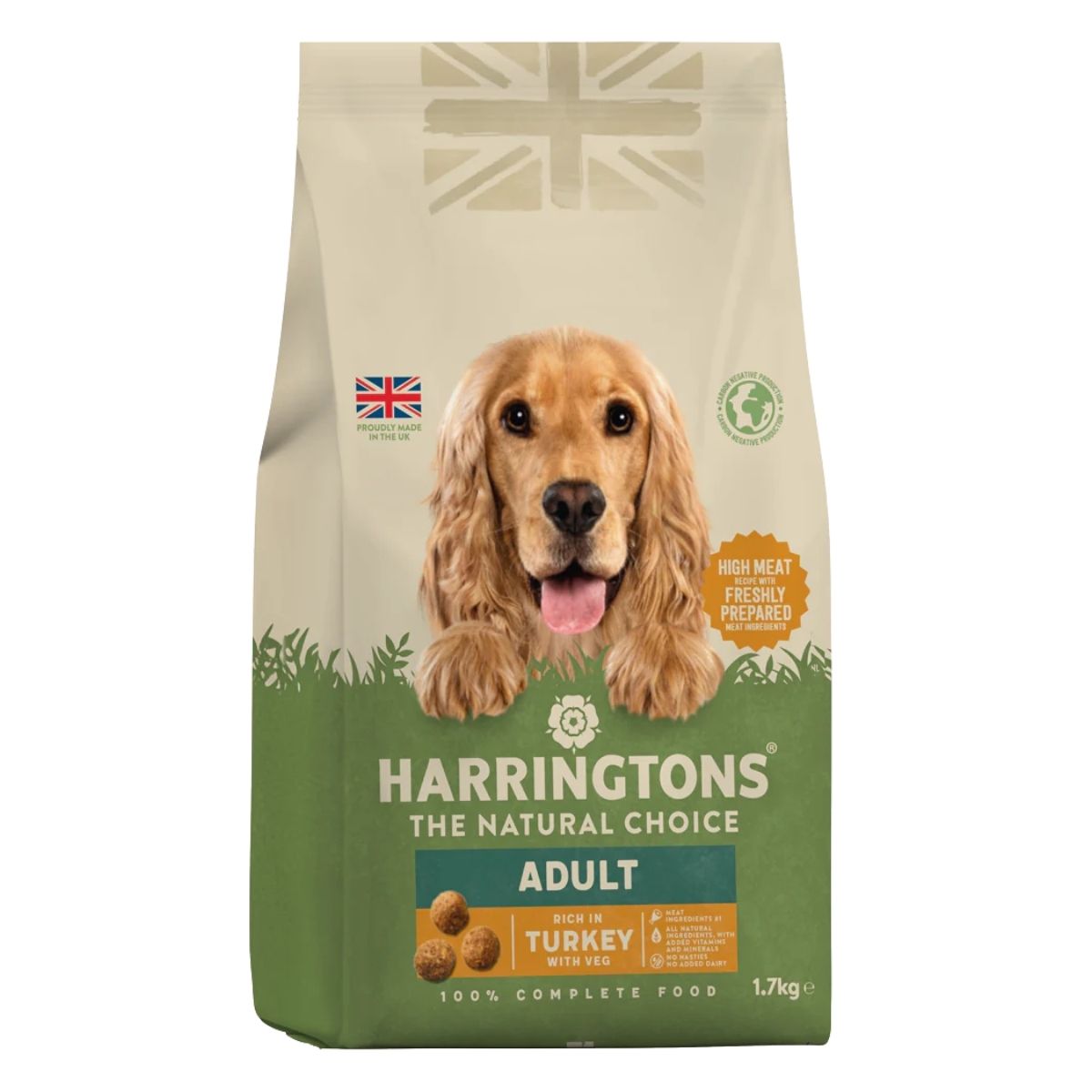 A 1.7kg bag of Harringtons - Adult Rich In Turkey & Veg Dog Food, with a dog's face and British flag on the pack. Nutritious food supporting your pet’s health and vitality.