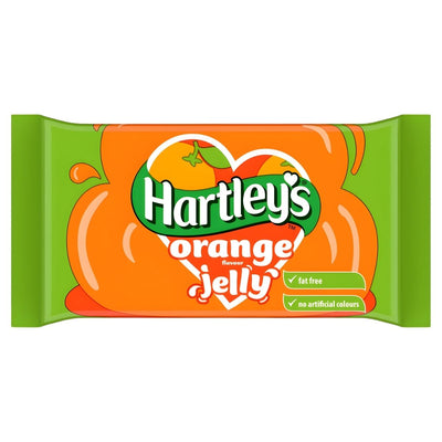 Hartley's Orange Flavour Jelly (135g) comes in bright orange and green packaging, is fat free, has no artificial colours, and offers a refreshing orange taste—ideal for fruity dessert lovers.