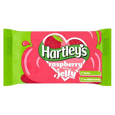 Hartley's Raspberry Flavour Jelly 135g—fat free, no artificial colours, and raspberry images on green-ended packaging—is the ideal jelly treat.
