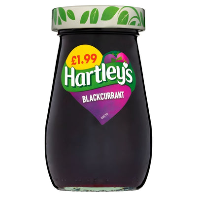 A 300g jar of Hartleys Blackcurrant Jam with a green lid, labeled £1.99—a classic preserve from Hartleys, ideal for your breakfast table.