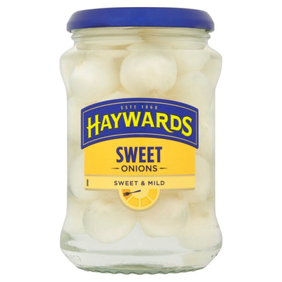 A glass jar of Haywards Sweet Onions Sweet & Mild - 400g, featuring a blue lid and a yellow and blue label clearly marked "Sweet & Mild," contains small white onions in clear liquid, perfect for vegetarians.