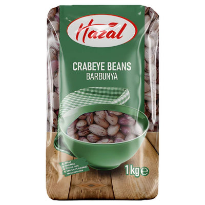 Hazal - Crabeye Beans - 1Kg: Premium legumes from Hazal, rich in plant-based protein. Image features a green bowl of beans on a wooden surface.