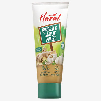 A 90g tube of Hazal Ginger and Garlic Puree features a green cap, garlic and ginger illustrations, and emphasizes its zesty flavor. It is gluten-free and non-GMO.