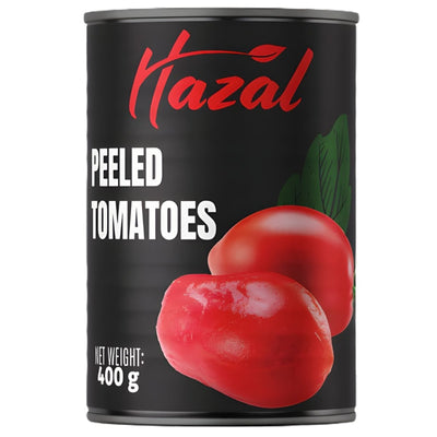 Hazal - Peeled Tomatoes - 400g: Whole and peeled tomatoes on a black label; ideal for Mediterranean dishes. Brand: Hazal. Net weight: 400g.