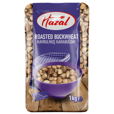 A 1kg pack of Hazal - Roasted Buckwheat, high in protein and fibre, shown with a purple bowl on a wooden surface and labeled in English and Turkish.