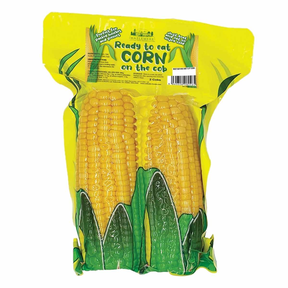 The packaging of Hazlemere - Ready to Eat Corn on the Cob - 2 Pack showcases two juicy golden kernels through a clear section, enhanced by a vibrant yellow and green design that echoes its sweet buttery taste, with an inviting label at the top.