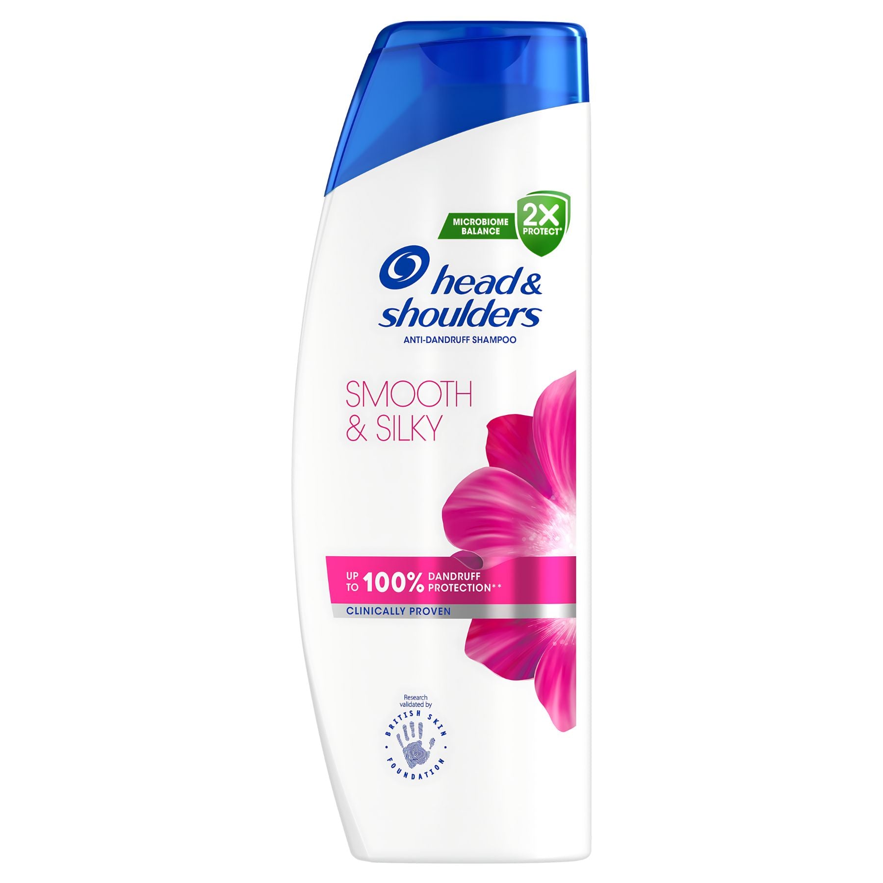 Head & Shoulders - Shampoo SmoothSilky 250ml features a blue cap, pink flower graphic, and anti-dandruff claims, ideal for anyone seeking smooth and silky hair while effectively fighting dandruff.