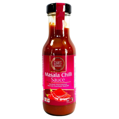 A 250ml glass bottle of Heera Masala Chilli Sauce, a spicy condiment from Heera with a red label displaying red chili peppers and product details.