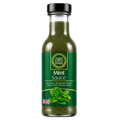 Heera Mint Sauce 250ml in a glass bottle with a black cap and a label featuring a sprig of mint and the text “Mint Sauce.”