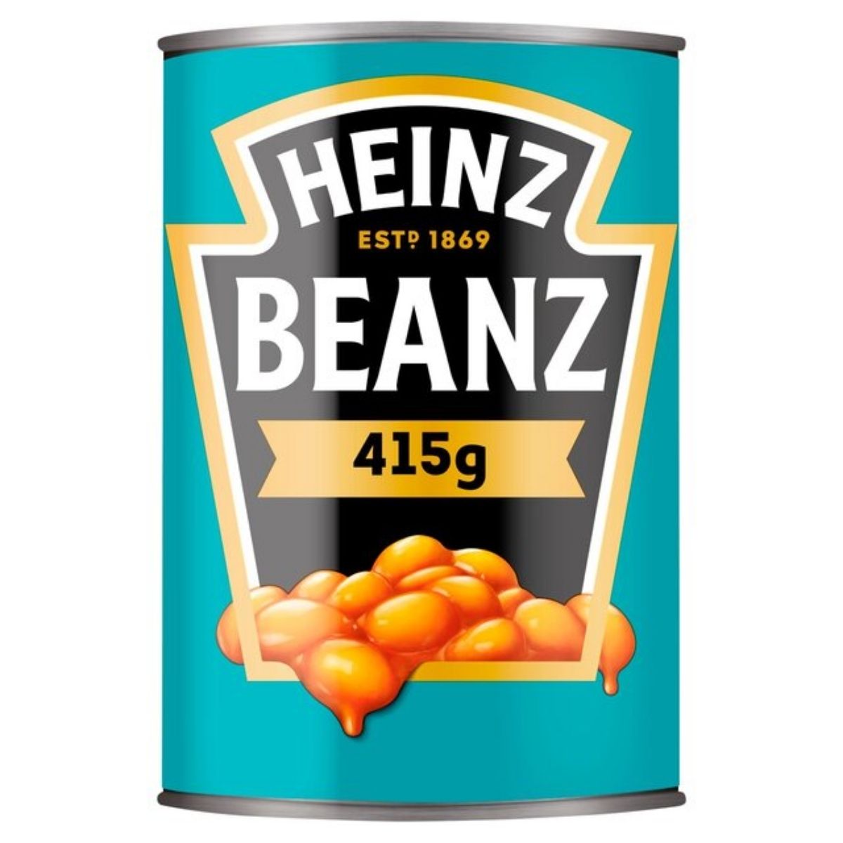 A 415g tin of Heinz Baked Beans in Rich Tomato Sauce, featuring a turquoise label with the brand's name and an image of beans in tomato sauce.