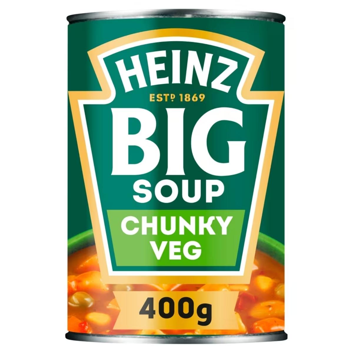 Image of a Heinz - Big Soup Chunky Vegetable 400g can with "Chunky Vegetable" written on the label and an image of vegetable soup.