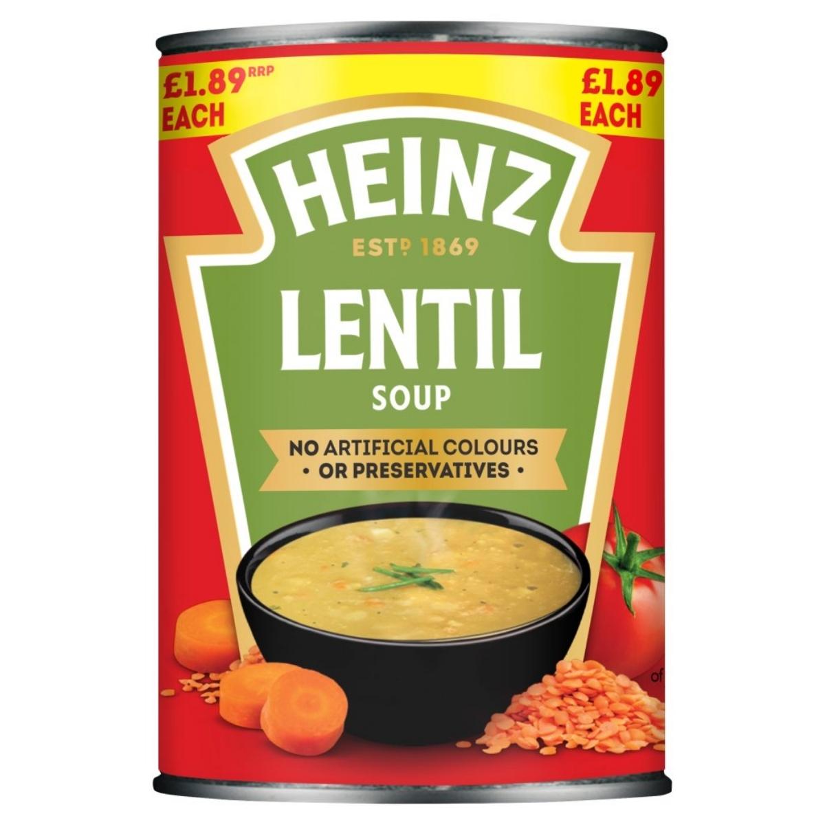 A 400g can of Heinz Lentil Soup, adorned with a vivid label showcasing a bowl of soup along with carrots, tomato, and lentils. Priced at £1.89, this low-fat soup contains no artificial colors or preservatives and is an ideal choice for vegetarians looking for a nutritious meal.