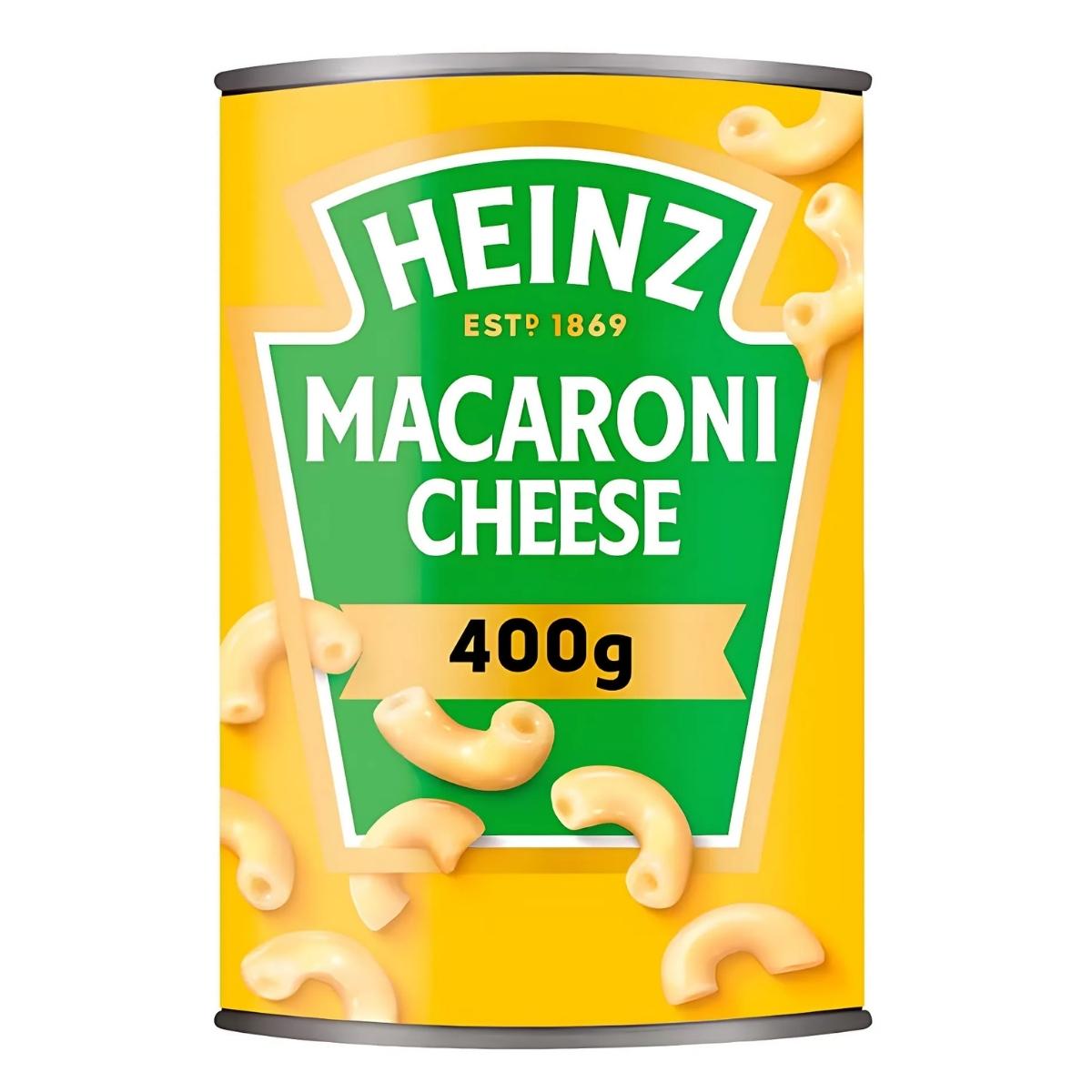 Heinz - Macaroni Cheese - 400g comes in a can featuring a yellow label with macaroni shapes and the Heinz logo, offering the ultimate comfort food experience with its creamy cheddar cheese flavor.