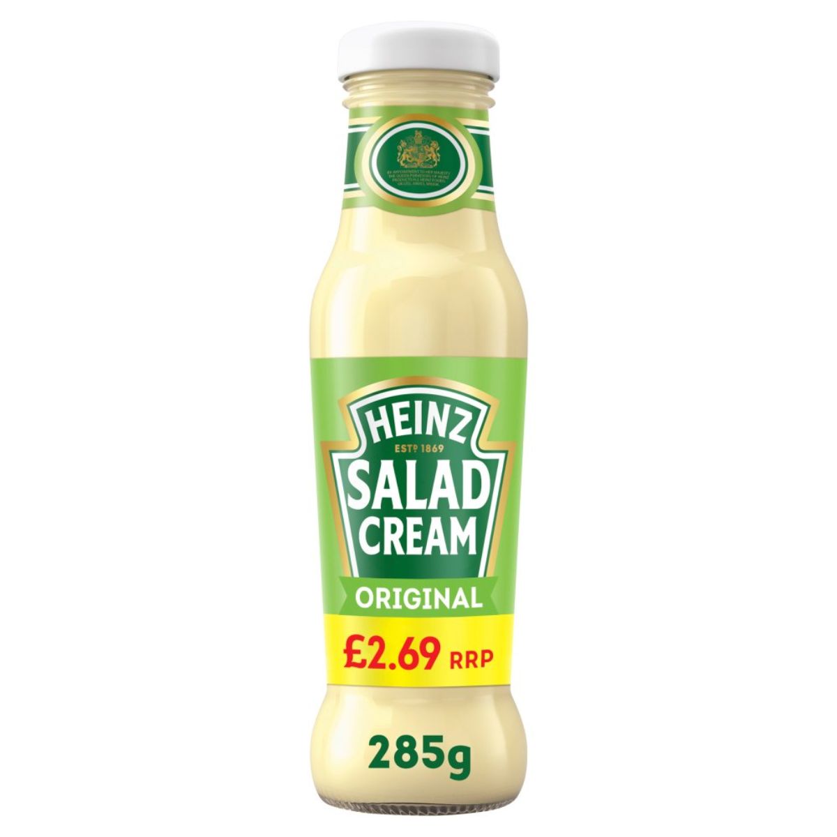 A 285g bottle of Heinz - Salad Cream Original Sauce - 285g, featuring a tangy flavor and creamy texture, with a recommended retail price of £2.69 shown on the label.