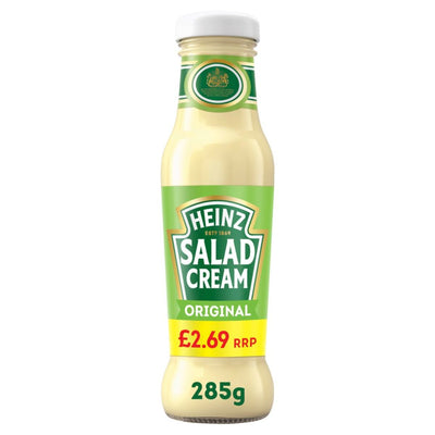 A 285g bottle of Heinz Salad Cream Original, featuring a tangy and creamy taste, comes with a green and white label and has an RRP of £2.69.
