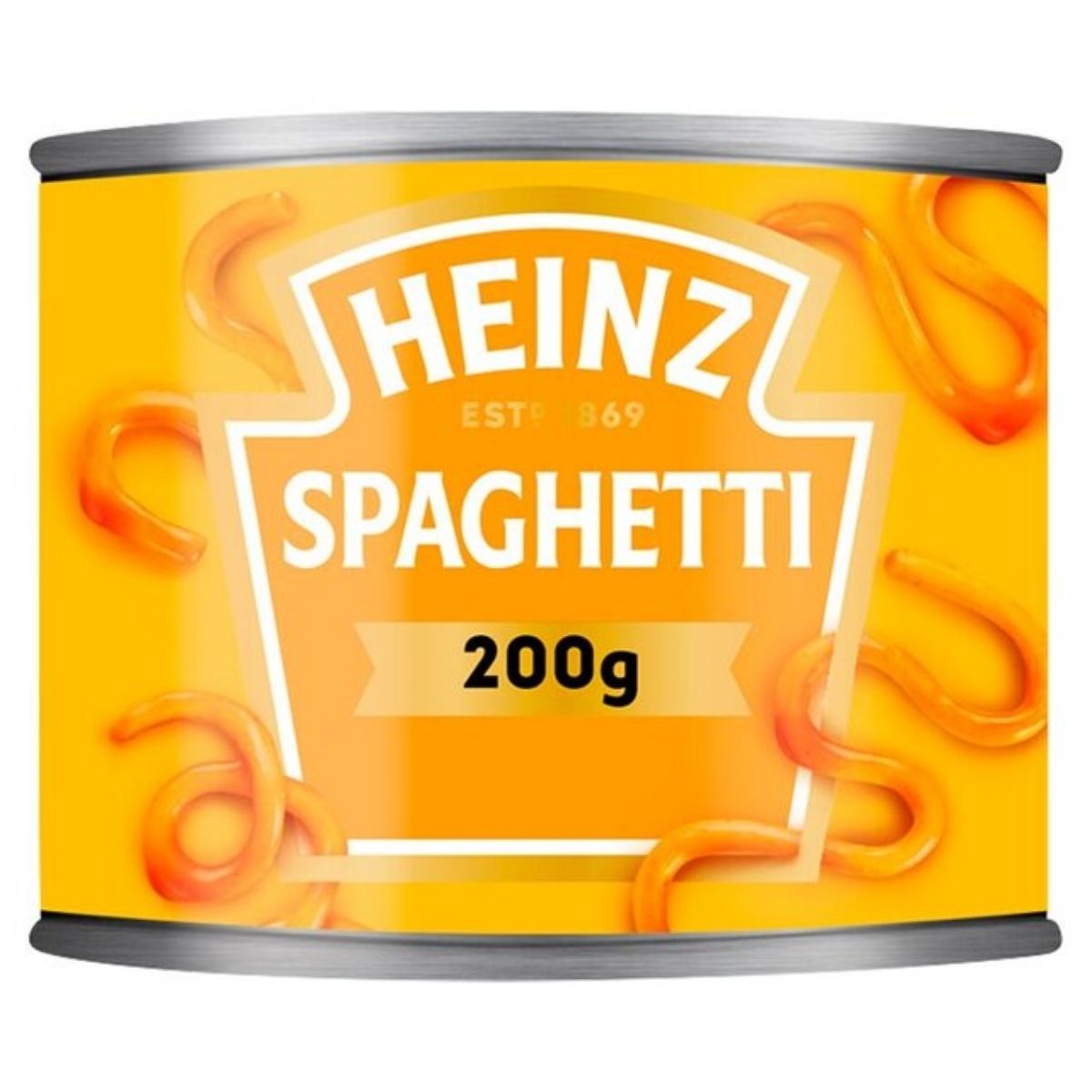 A can of Heinz Spaghetti in Tomato Sauce with a bright yellow label, showcasing the text "Heinz - Spaghetti in Tomato Sauce - 200g" in white letters and adorned with orange spaghetti designs.