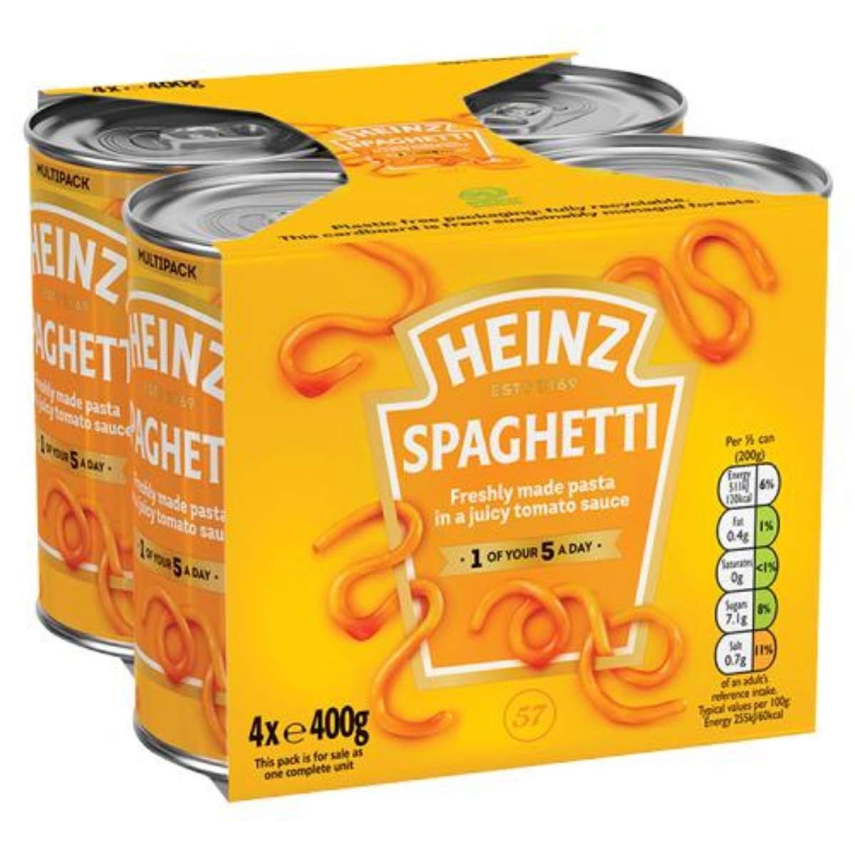 Heinz Spaghetti four-pack in cans, each weighing 400g, features nutritional information and "1 of your 5 a day" on its yellow packaging.