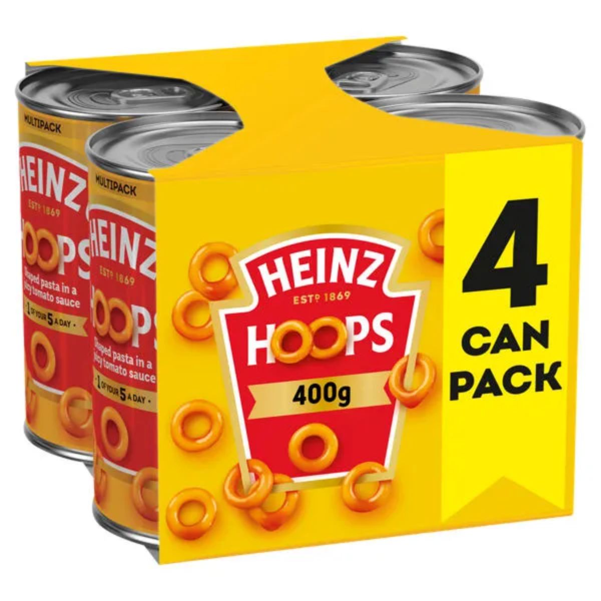 A set of four 400g cans of Heinz Spaghetti Hoops in Tomato Sauce, presented in yellow packaging with a "4 Can Pack" label. Ideal for a quick and satisfying vegetarian meal.