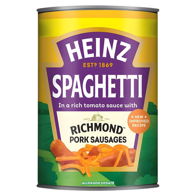 Heinz Spaghetti Richmond Pork Sausages 400g: spaghetti in rich tomato sauce with tasty pork sausages, now with a new and improved recipe.