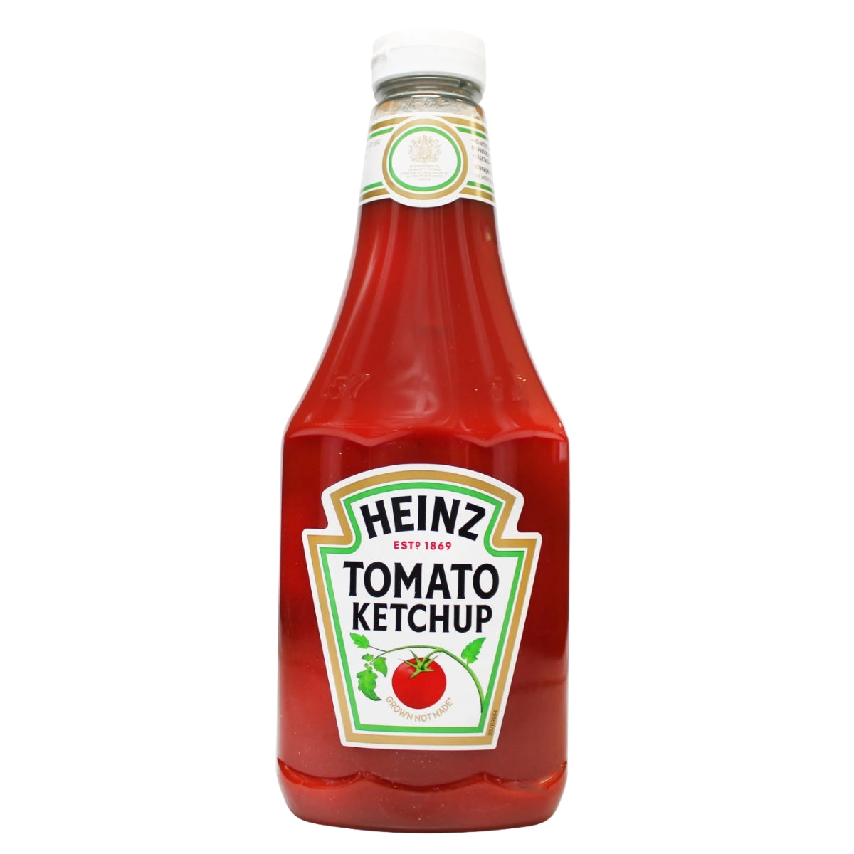 A 1170ml Heinz Squeezy Tomato Ketchup Sauce bottle, featuring a clear design with a white cap and label that displays the Heinz brand name, a red tomato graphic, and emphasizes its rich flavor enhanced by spice and herb extracts.