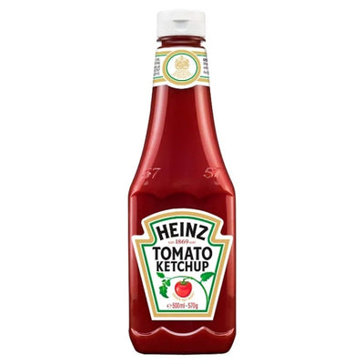 A 500ml Heinz Squeezy Tomato Ketchup Sauce bottle with a white cap, front label showing the brand logo, product name, and tomato image. This classic ketchup is also gluten free.